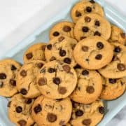 Chocolate chip cookies on a green tray