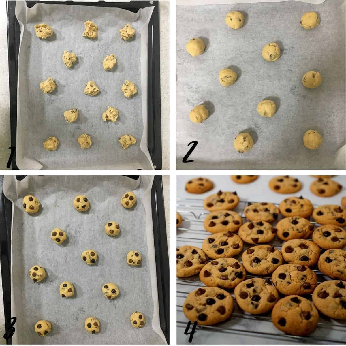 A poster of 4 images showing how to shape chocolate chip cookies