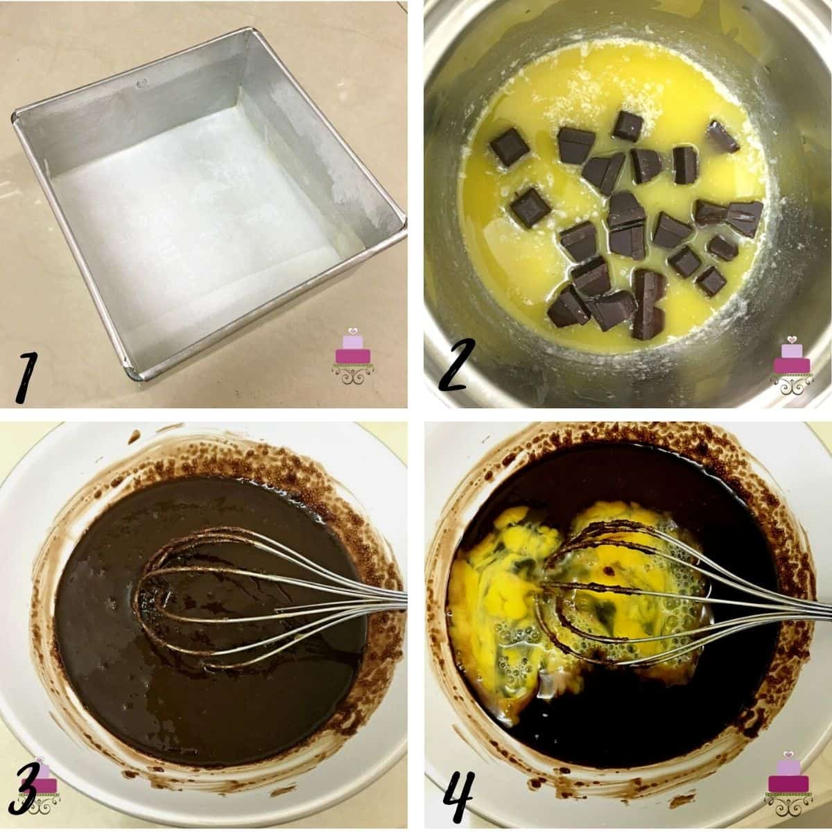 A poster of 4 images showing a lined square tin and how to mix brownie batter.