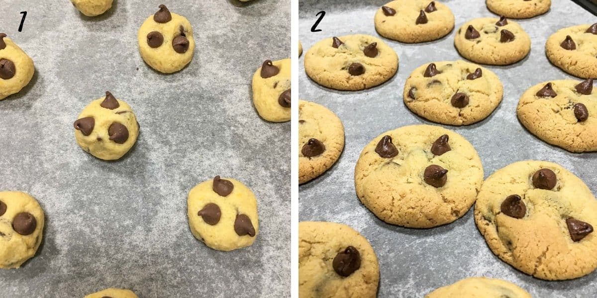 A poster of 2 images, showing chocolate chip cookies, before and after baking.