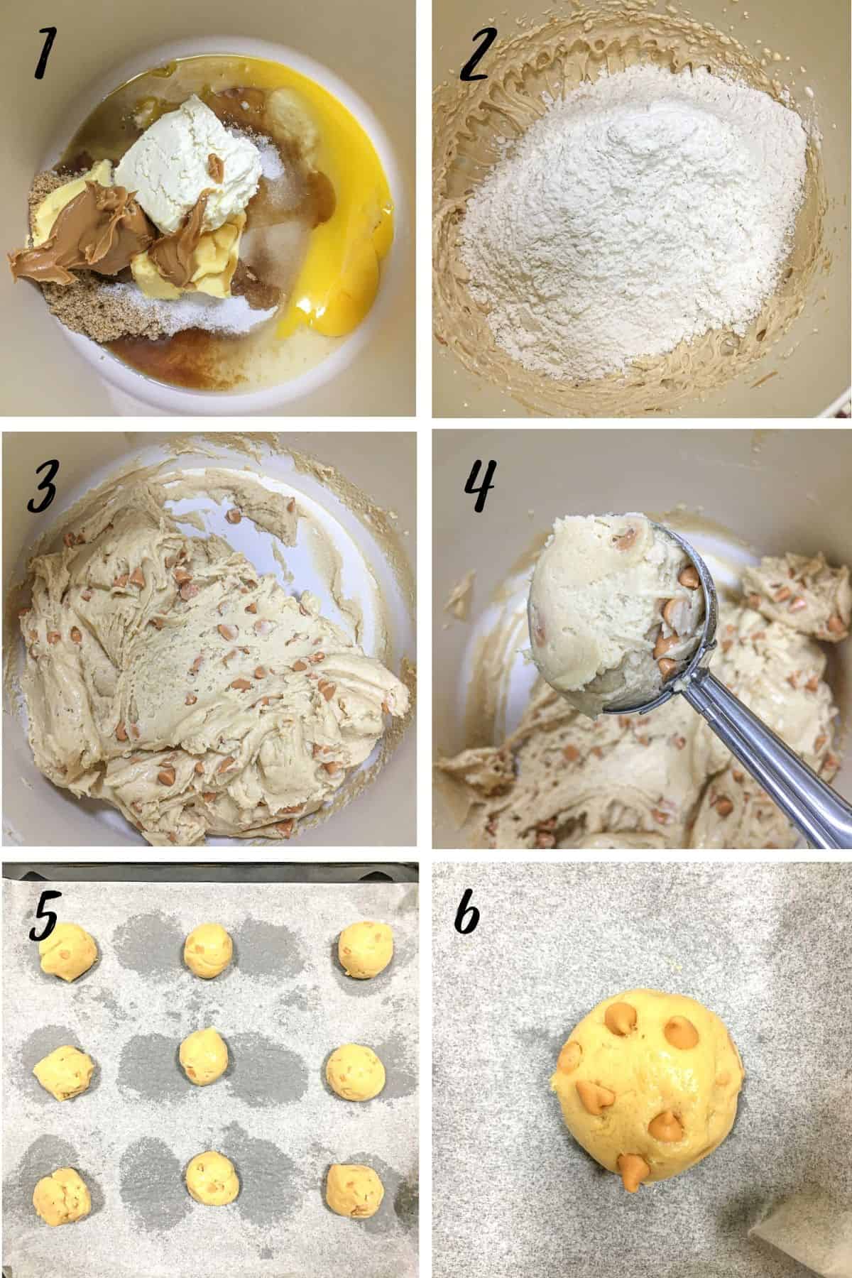 A poster of 6 images showing how to make peanut butter cream cheese cookies