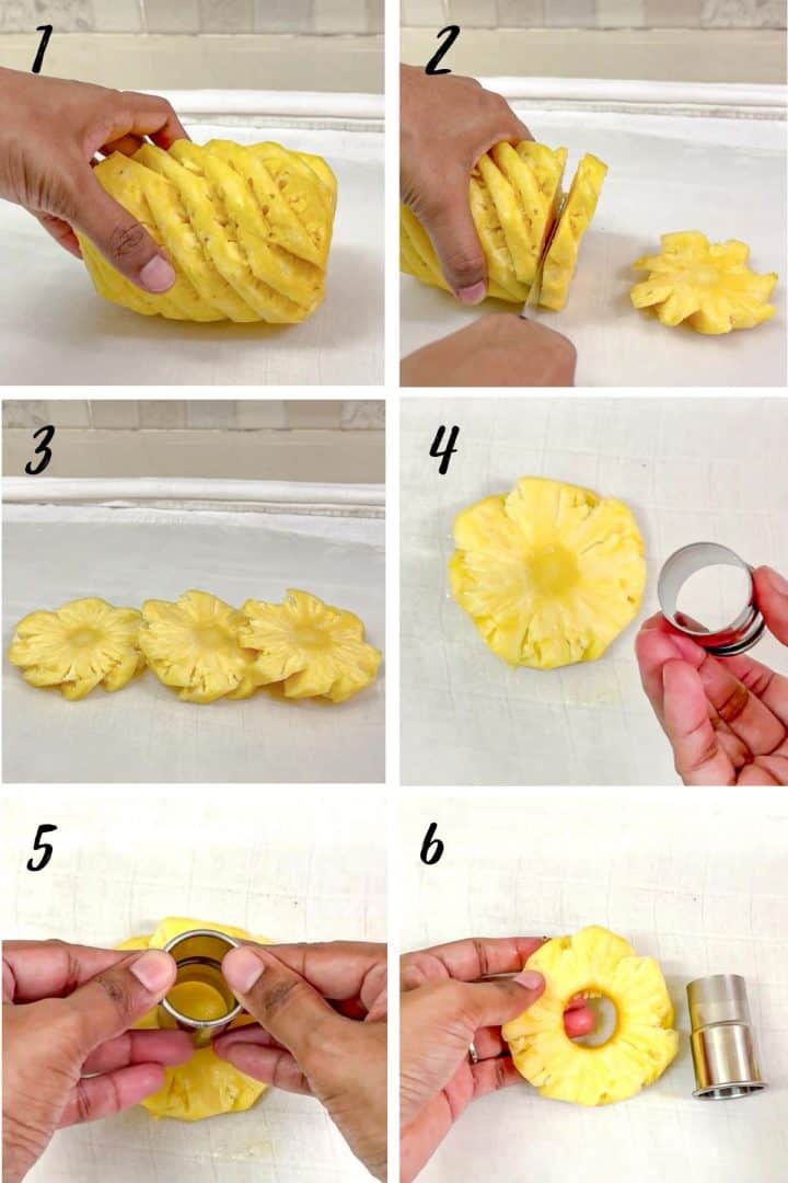 A poster of 6 images showing how to cut pineapple rings