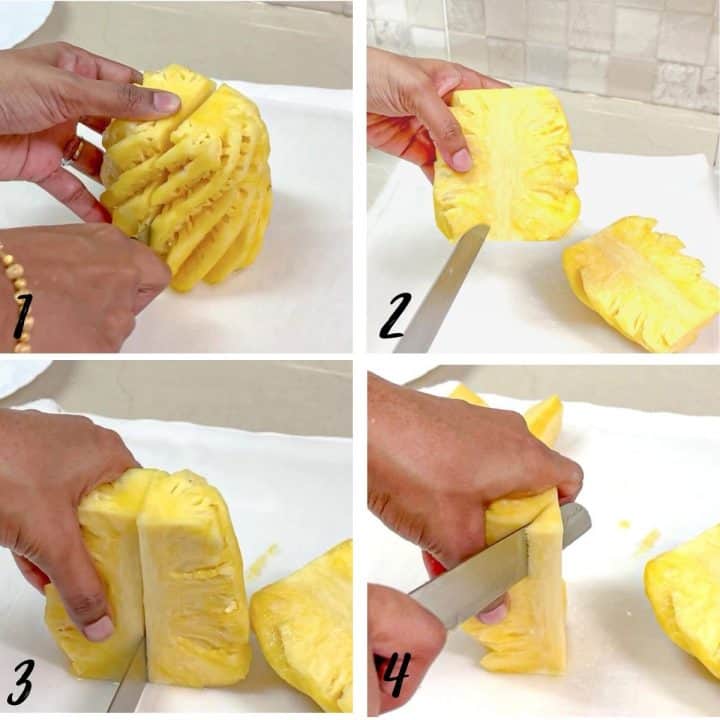 A poster of 4 images showing how to cut pineapple wedges