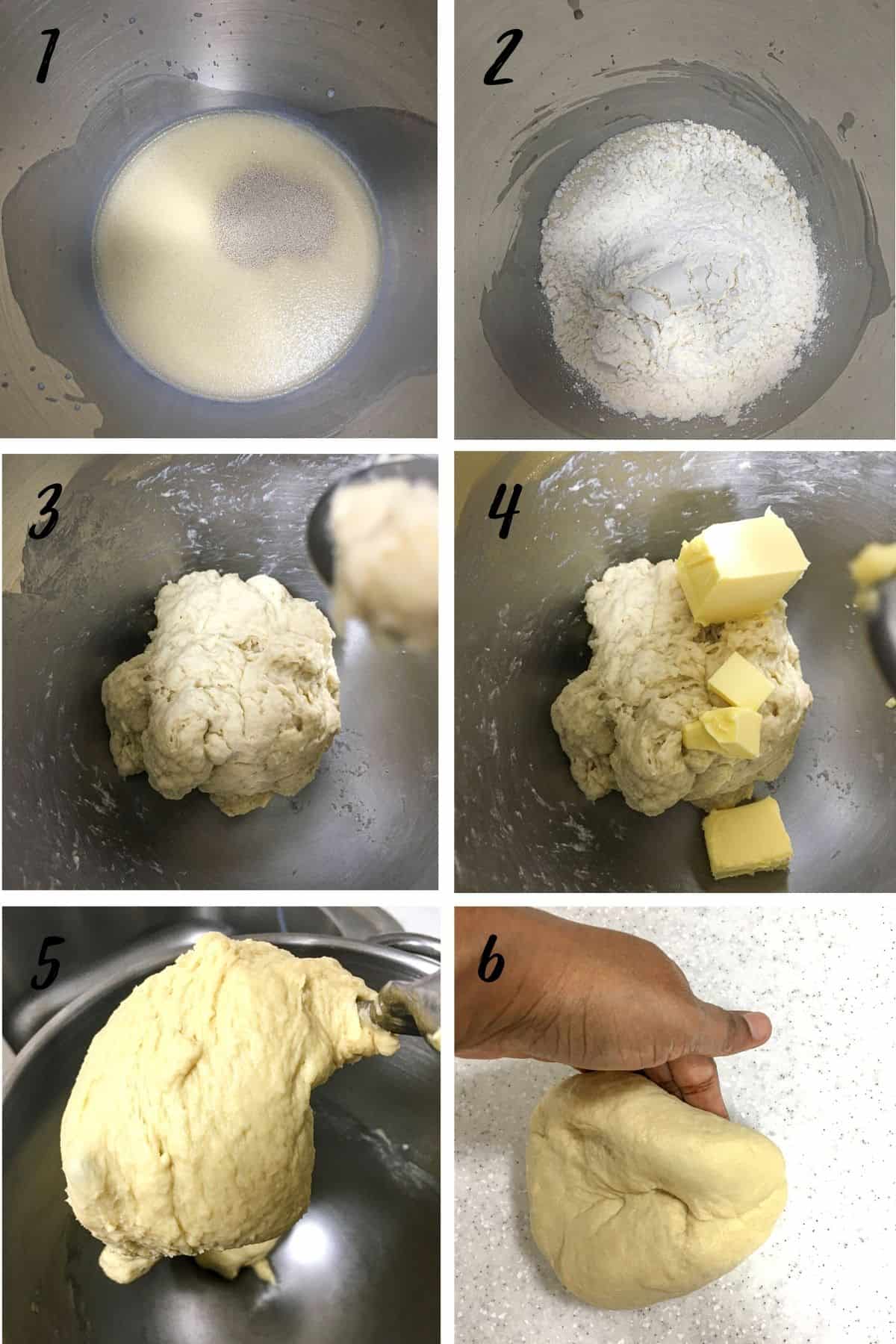 A poster of 6 images showing how to knead dough