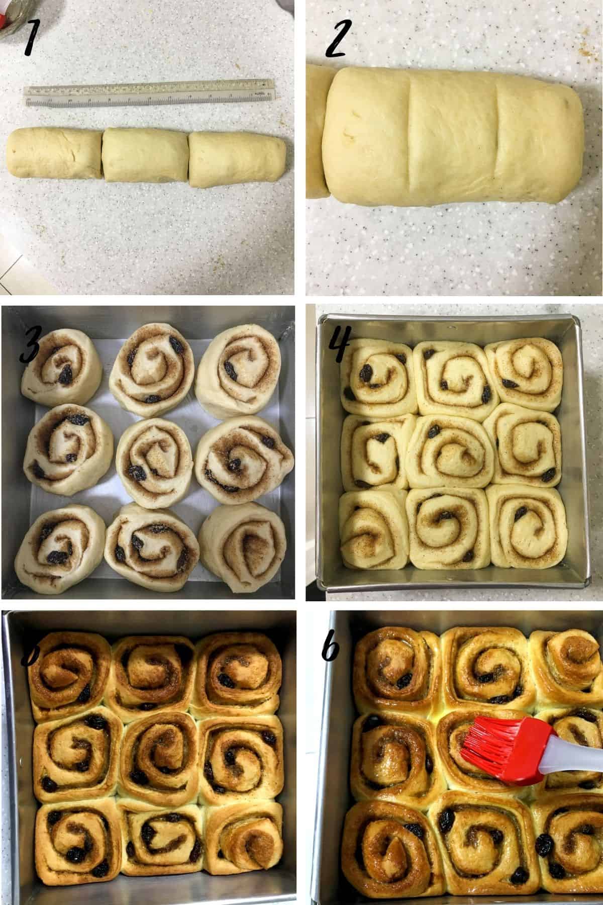 A poster of 6 images showing how to cut cinnamon raisin rolls