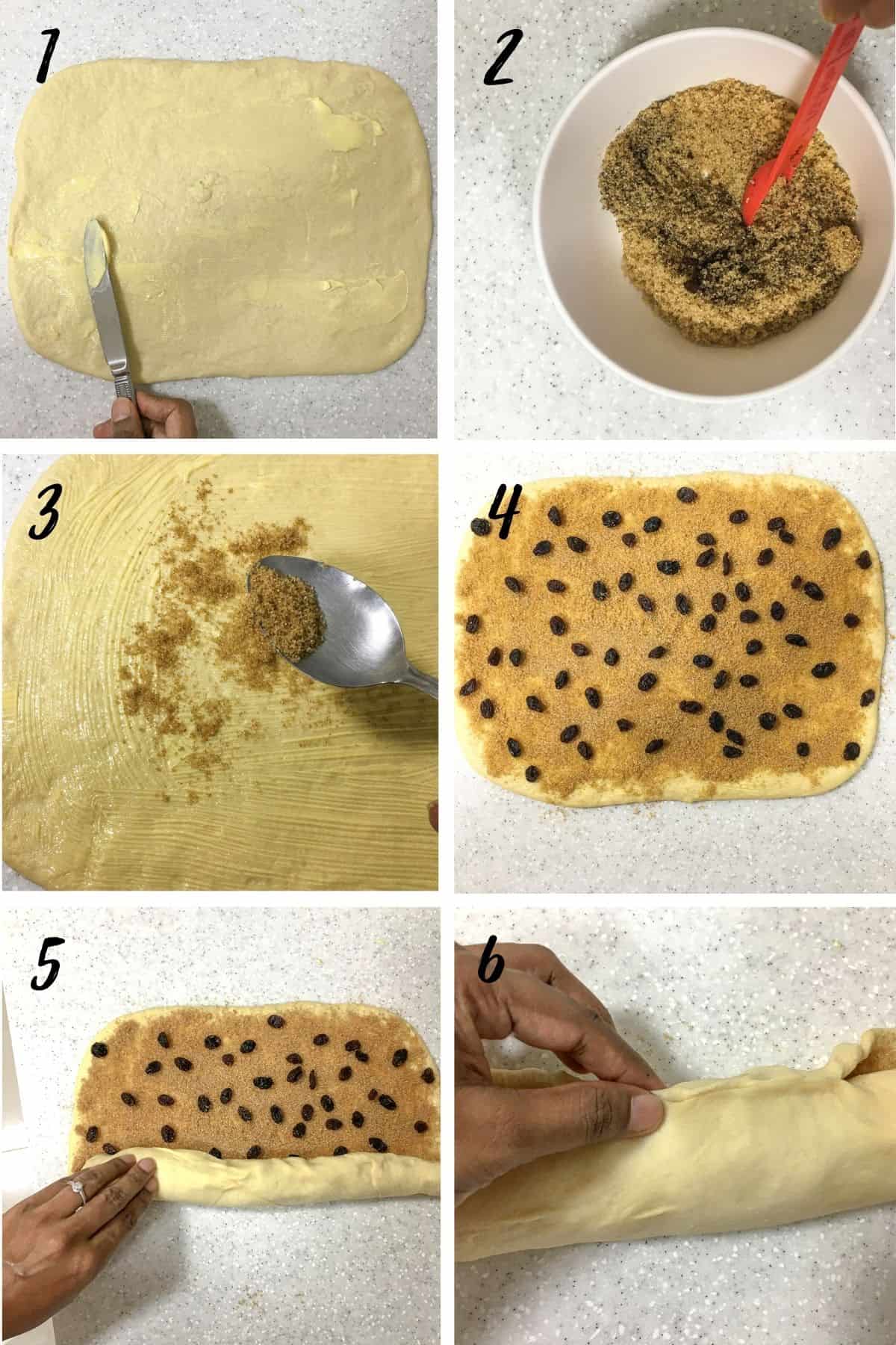 A poster of 6 images showing how to roll the cinnamon raisin rolls dough