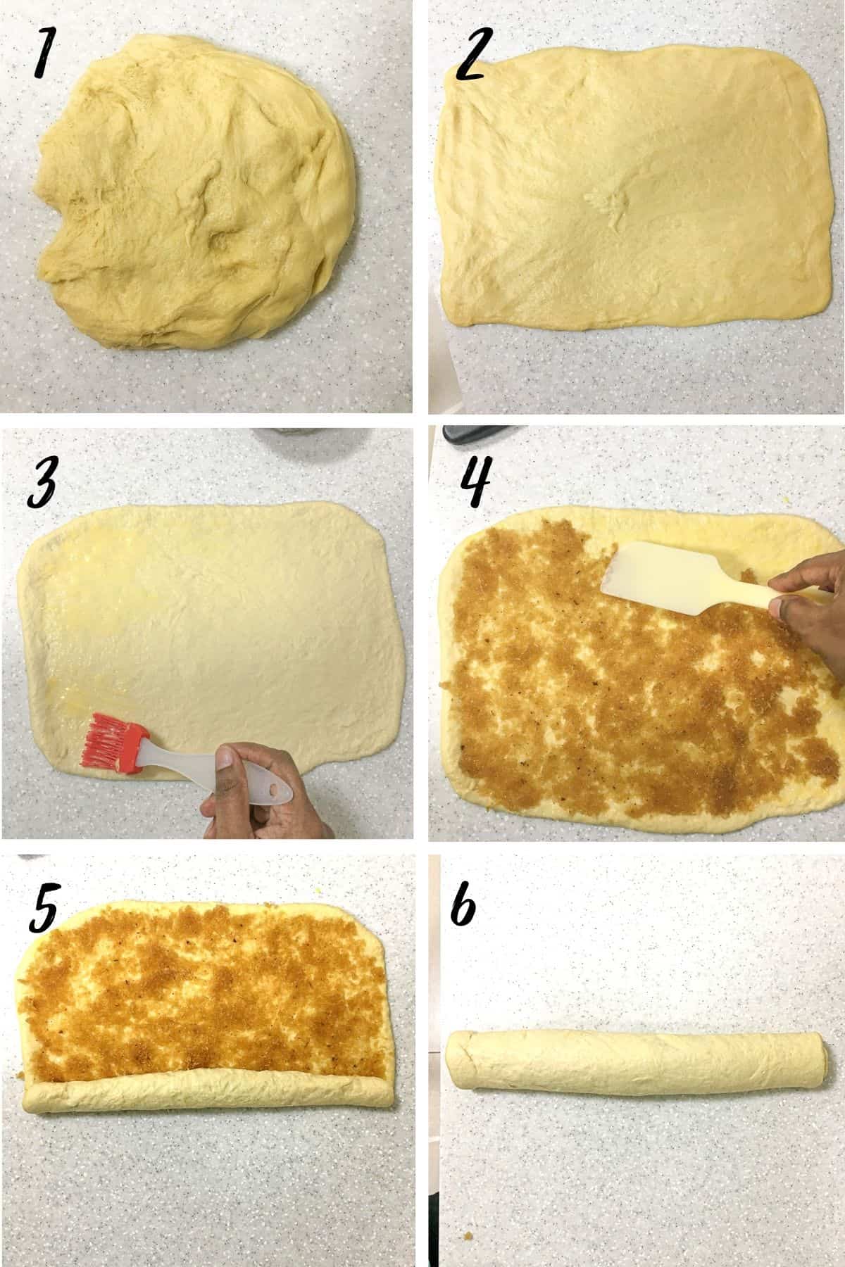 A poster of 6 images showing how to roll and make coconut rolls