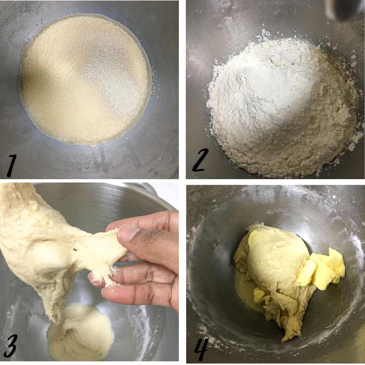 A poster of 4 images showing how to mix dough for coconut rolls