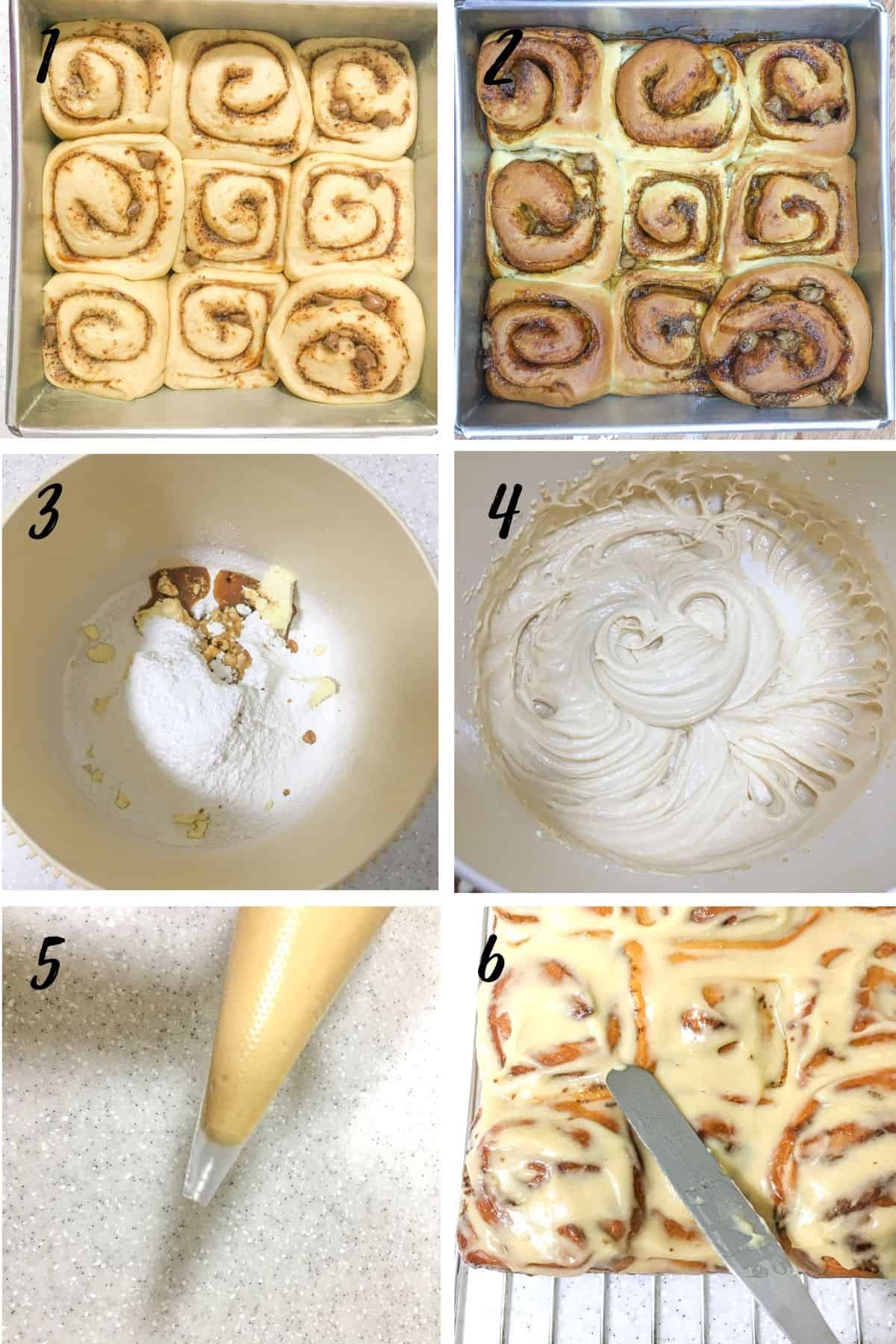 A poster of 6 images showing how to make cream cheese glaze.