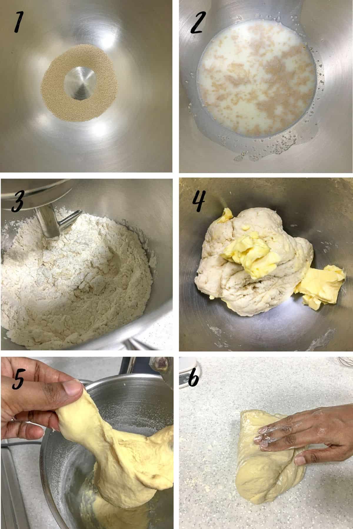 A poster of 6 images showing how to mix the dough for easy yeast rolls