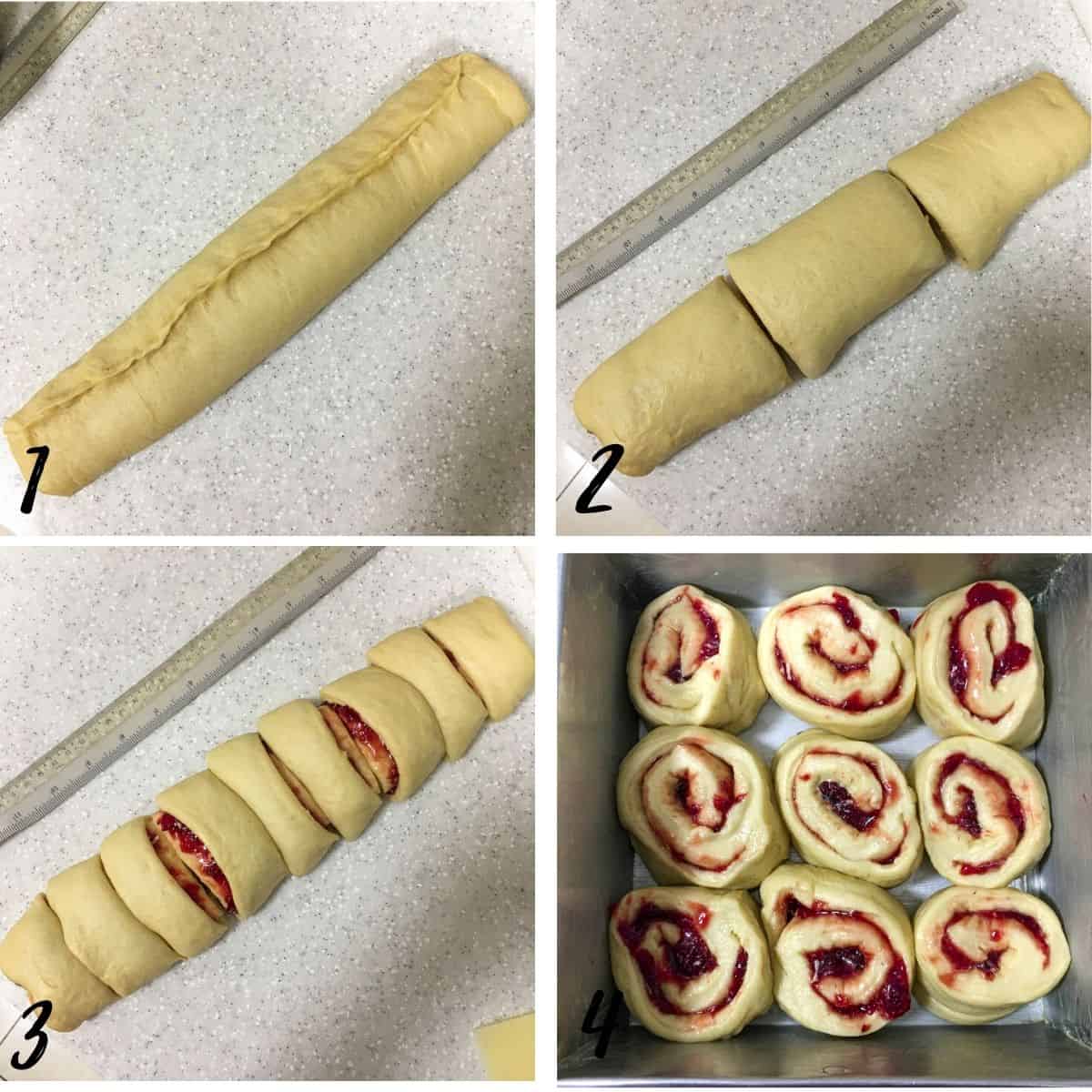 A poster of 4 images showing how to cut a cinnamon roll dough into sections and arrange in a tray