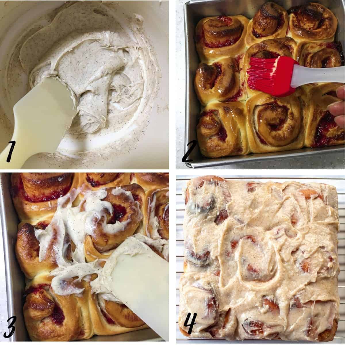 A poster of 4 images showing how to apply cream cheese glaze on strawberry-filled cinnamon rolls.
