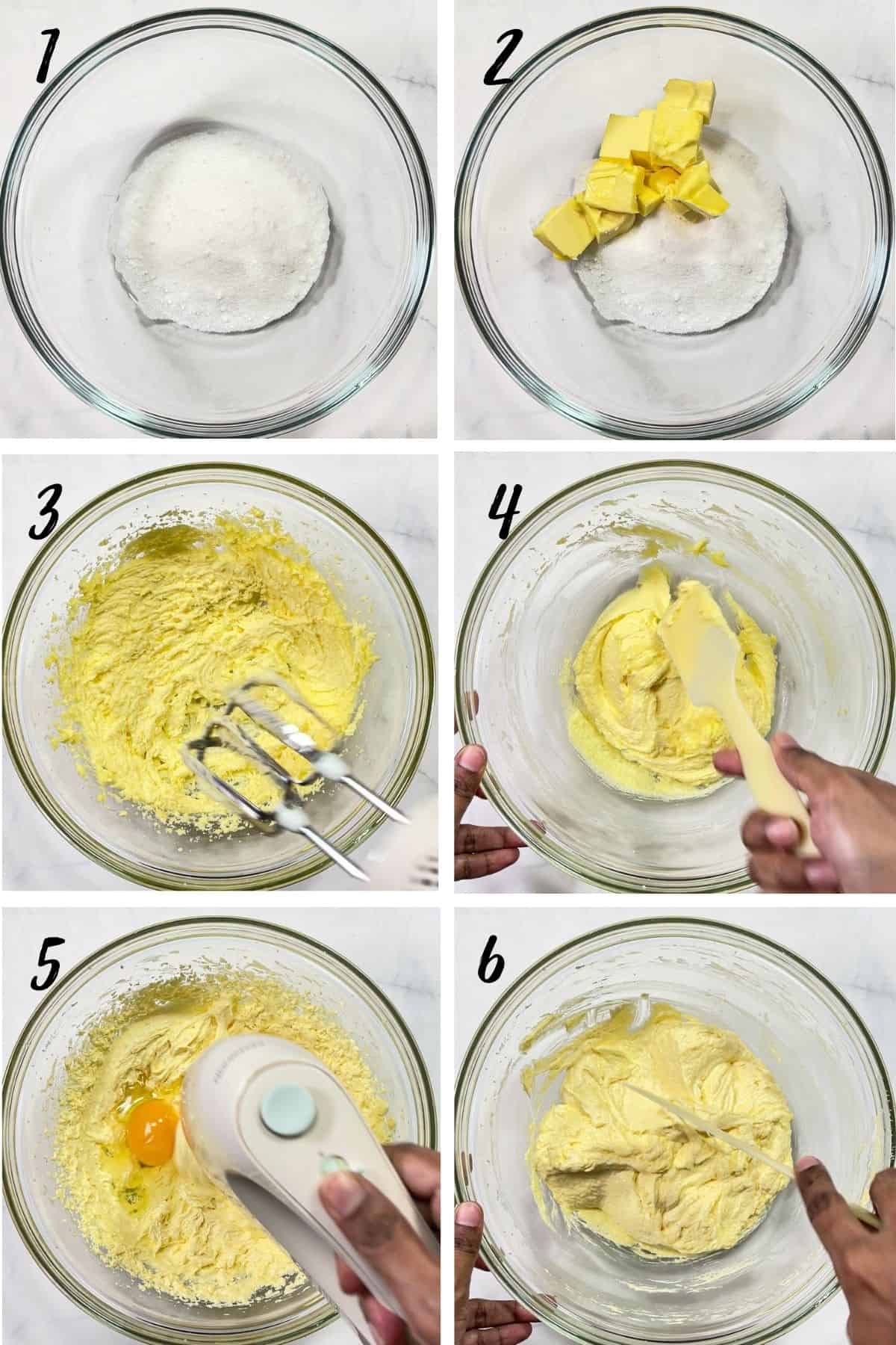A poster of 6 images showing how cream butter and sugar and eggs for a matcha pound cake.