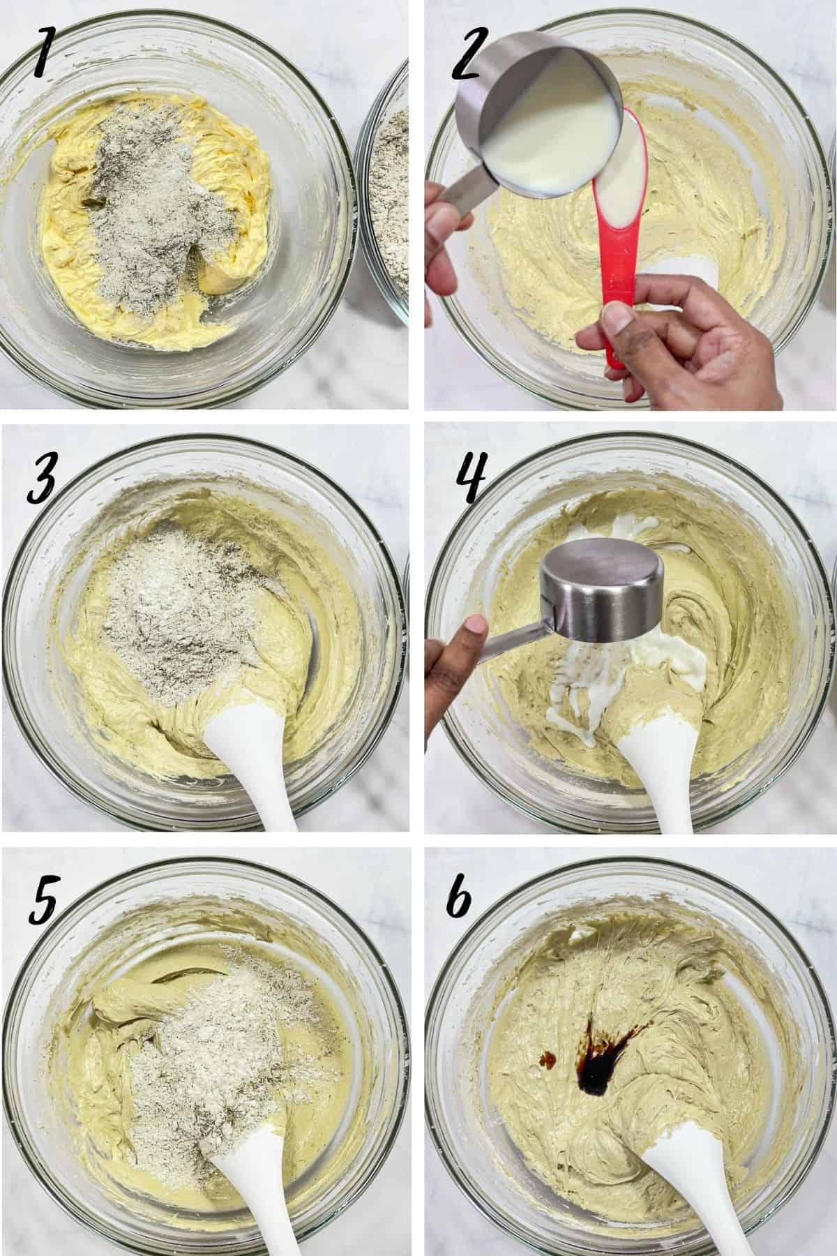 A poster of 6 images showing how to fold flour and milk into cake batter.