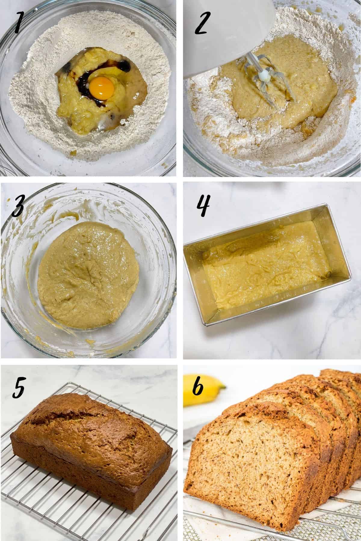 A poster of 6 images showing how to bake banana bread.