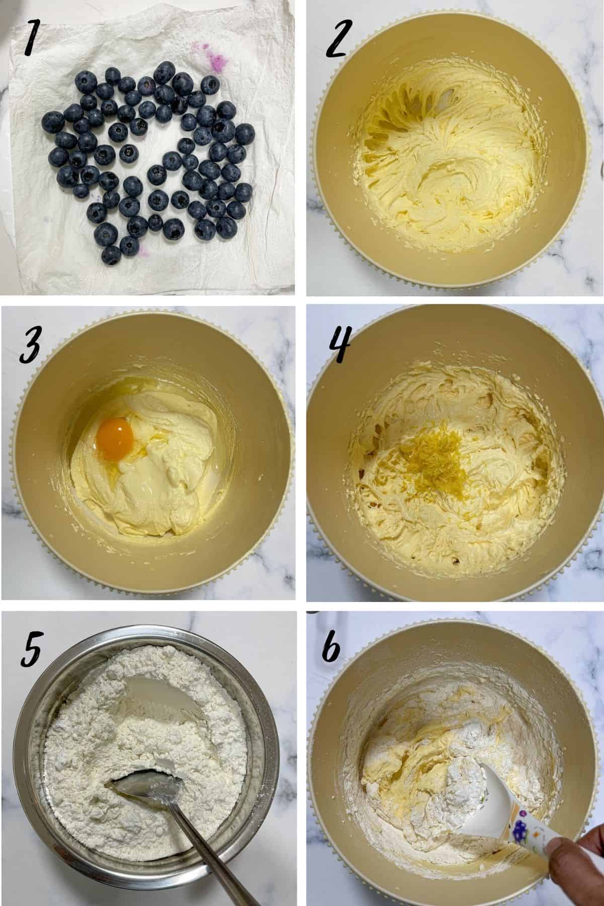 A poster of 6 images showing how to mix blueberry cake loaf batter