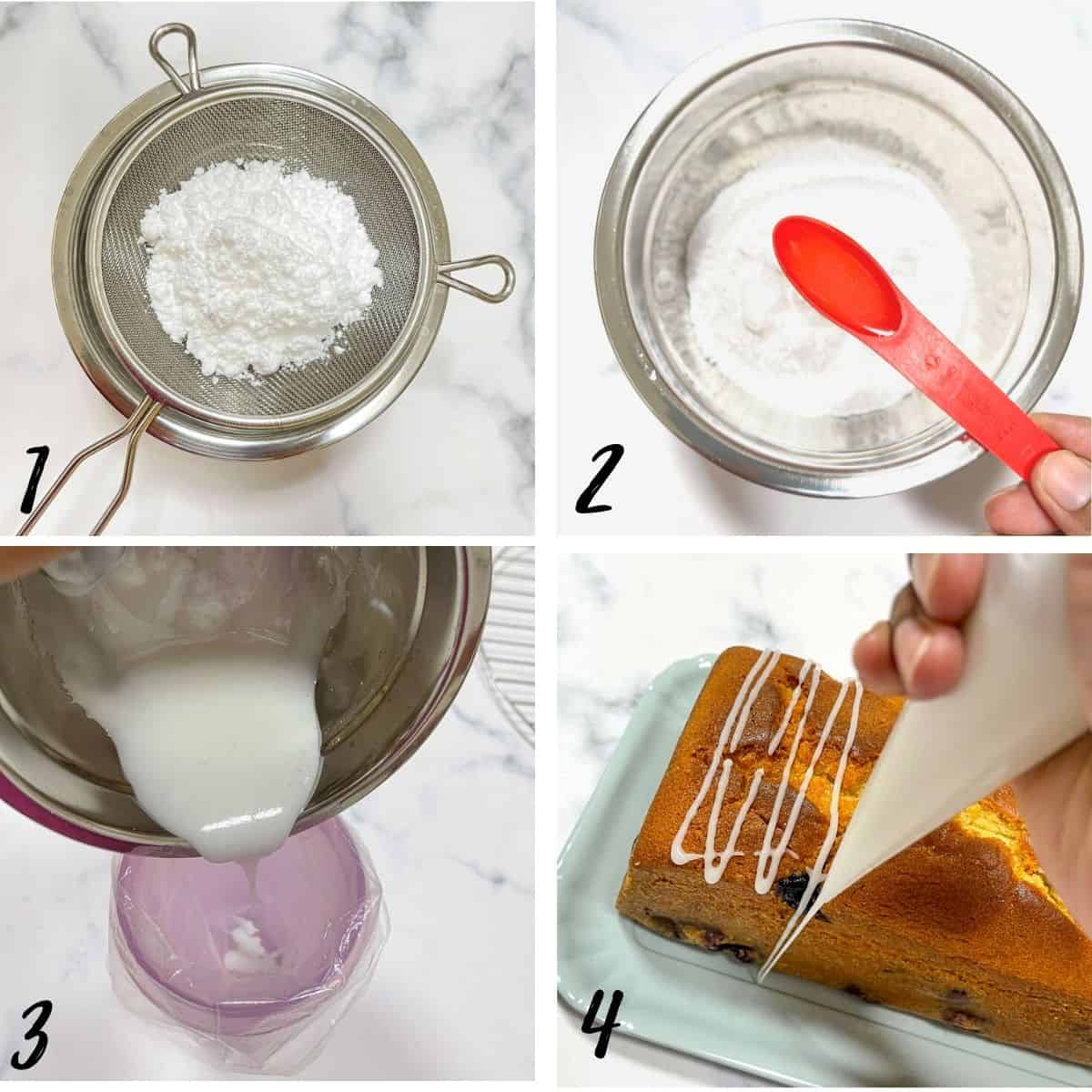 A poster of 4 images showing how to make lemon glaze with icing sugar and lemon juice.