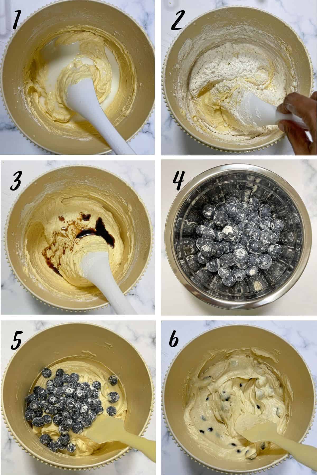 A poster of 6 images showing how to mix blueberries into cake batter.