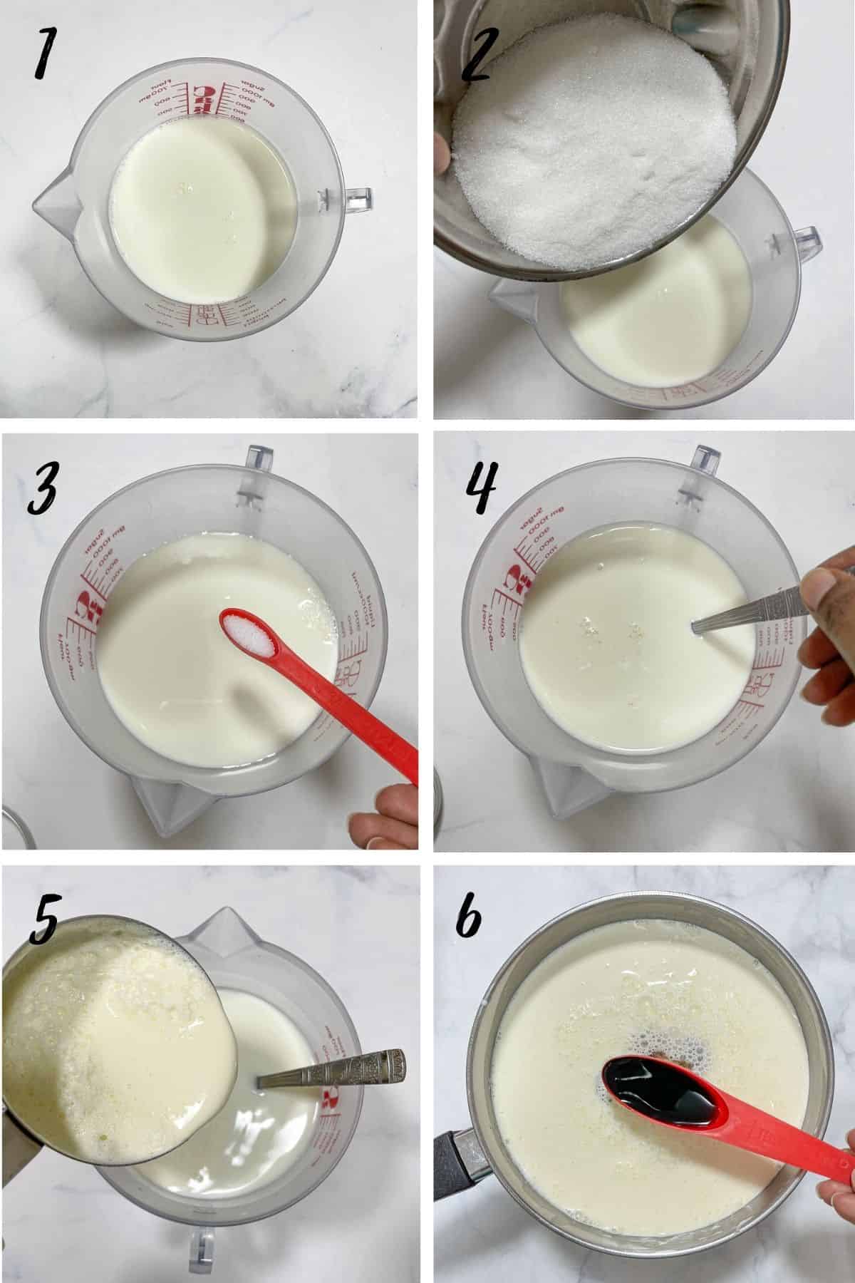 A poster of 6 images showing how to mix ice cream solution for ice cream maker