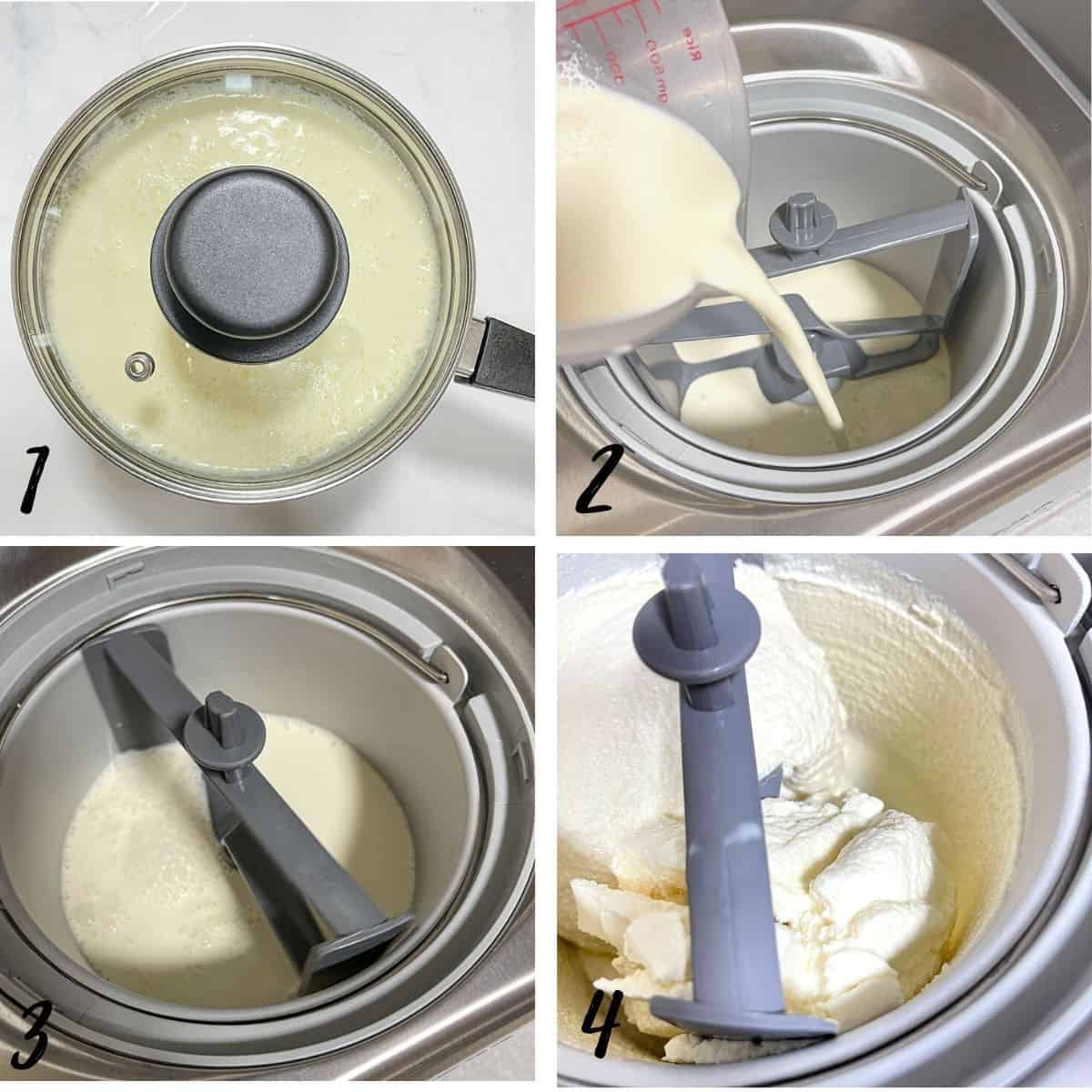 A poster of 4 images showing how to churn ice cream in an ice cream maker