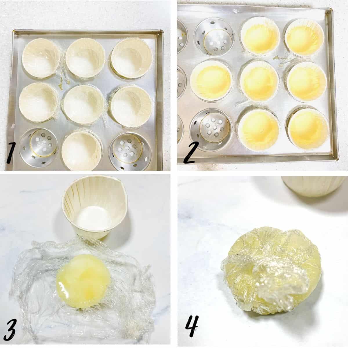 A poster of 4 images showing how to pour lemonade concentrate into paper cups and wrap them in cling wrap after freezing