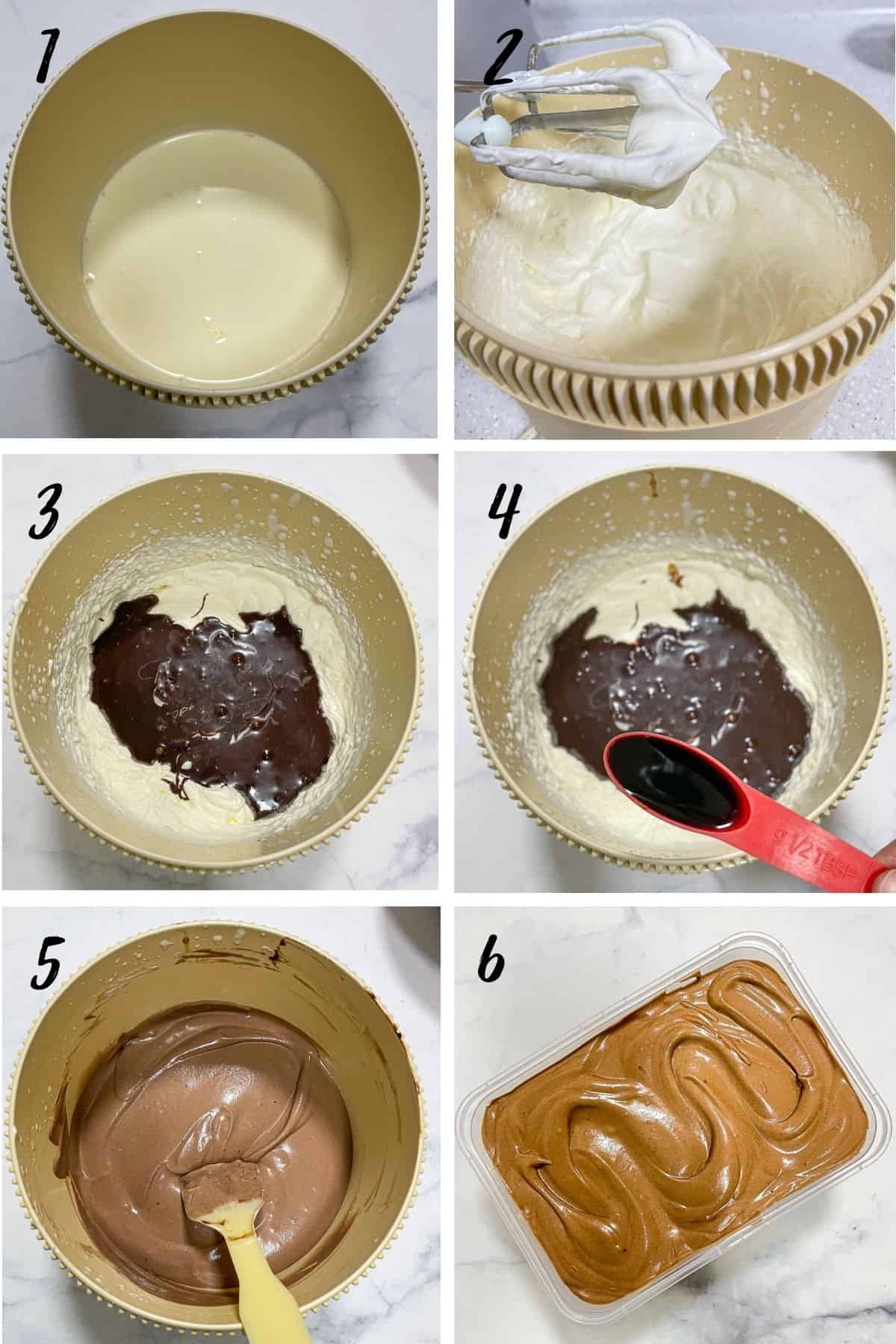 A poster of 6 images showing how to whip cream, mix it with condensed milk and chocolate to make no-churn chocolate ice cream
