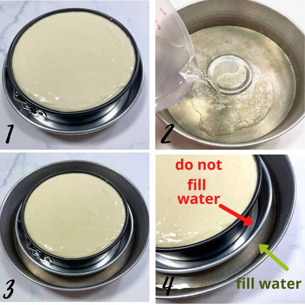 A poster of 4 images showing how to make a cake in a water bath.