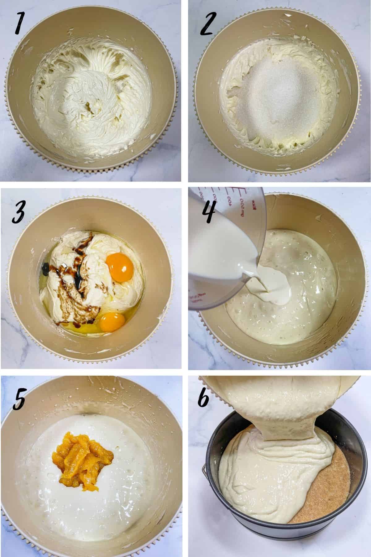 A poster of 6 images showing how to mix batter.