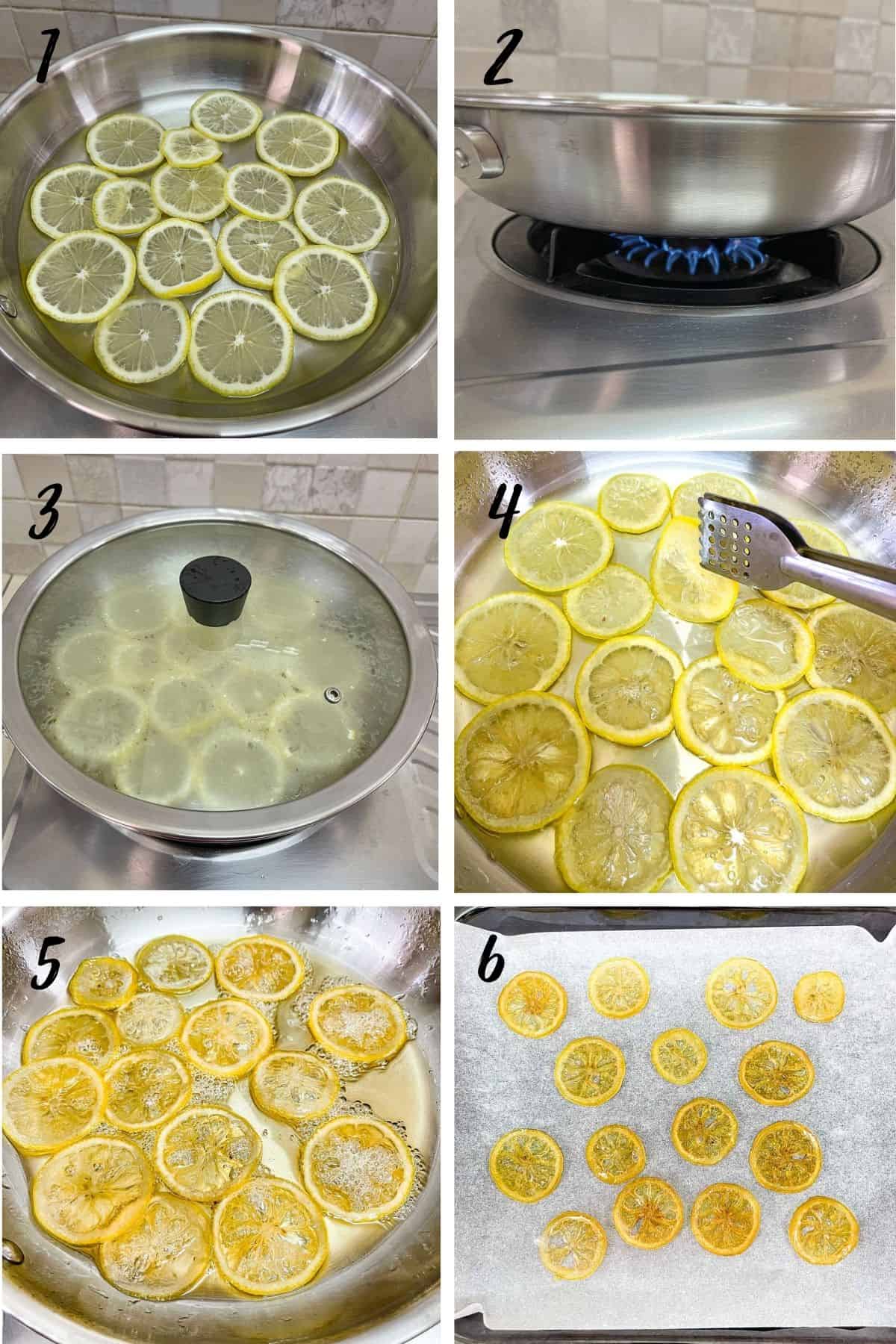 A poster of 6 images showing how to make candied lemon slices
