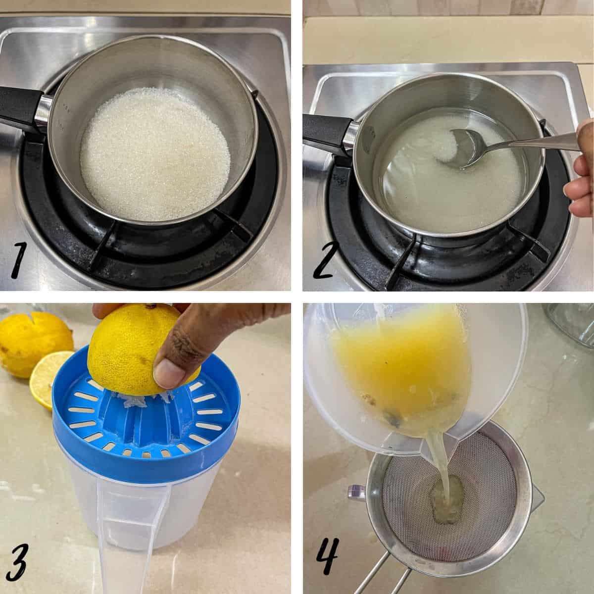 A poster of 4 images showing how to make simple syrup and how to to lemons with a lemon juicer and strain in a sieve.