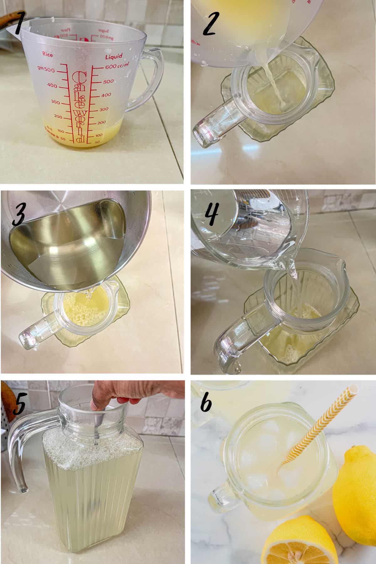 A poster of 6 images showing how to measure lemon juice, water and simple syrup into a pitcher to make lemonade.