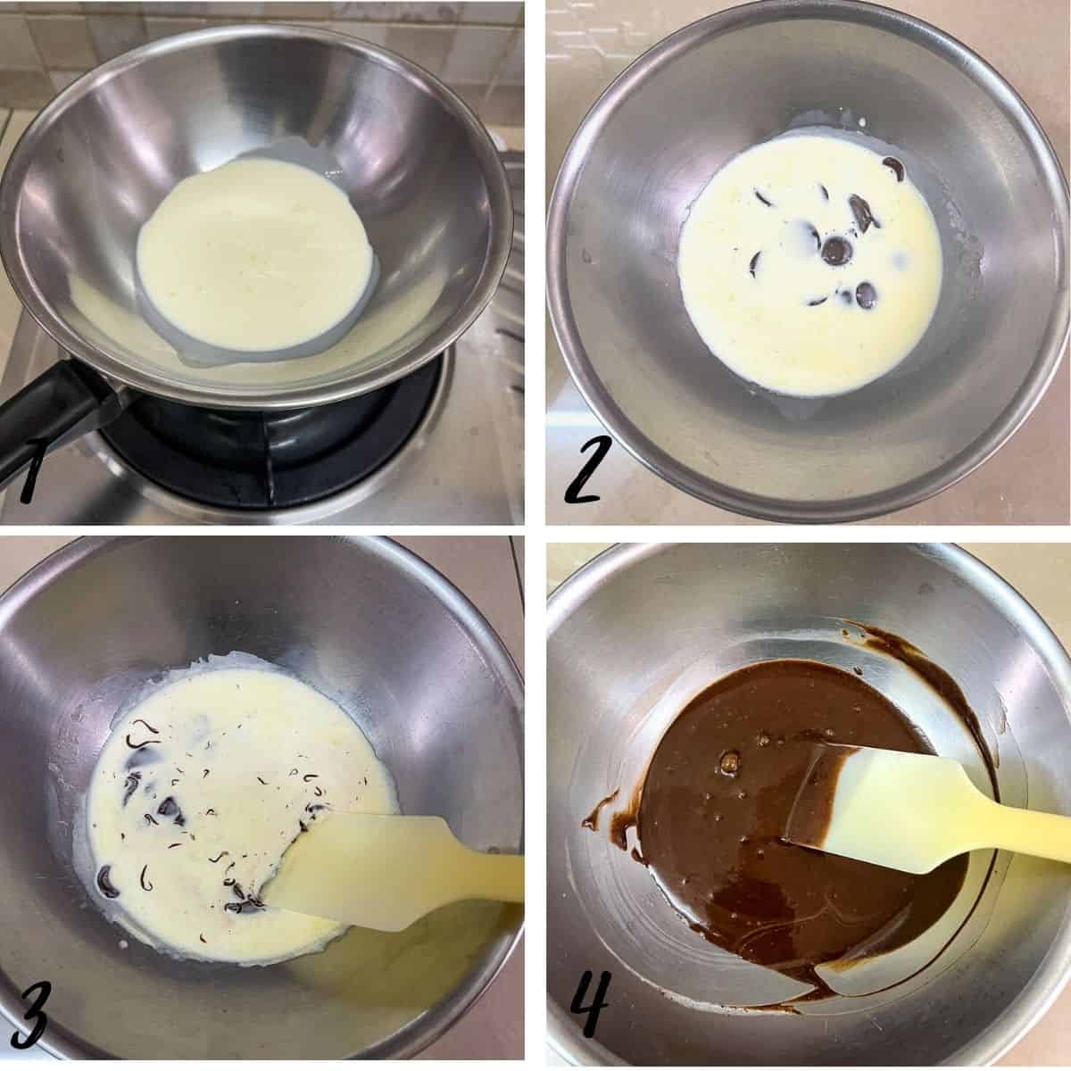 A poster of 4 images showing how to make chocolate ganache topping.