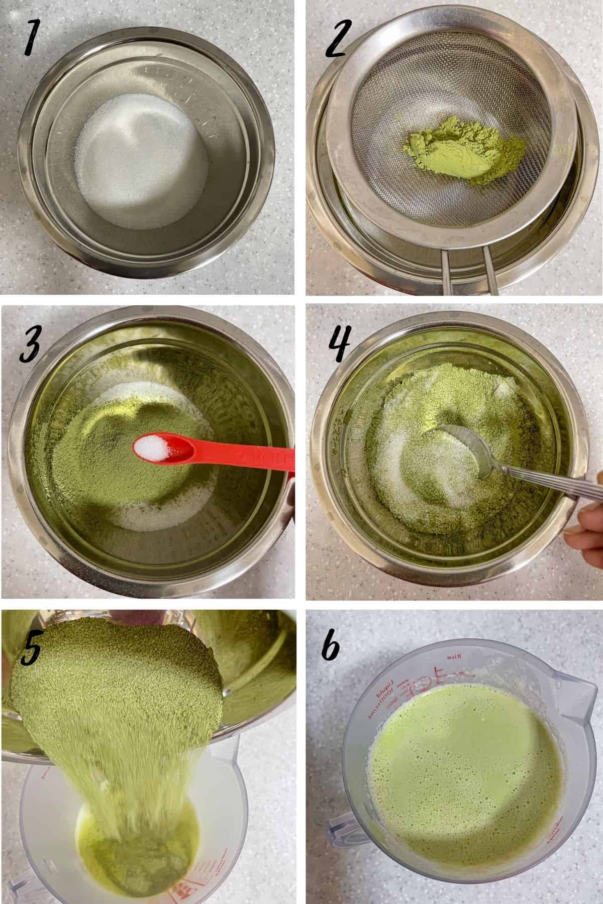 A poster of 6 images showing how to make matcha ice cream.