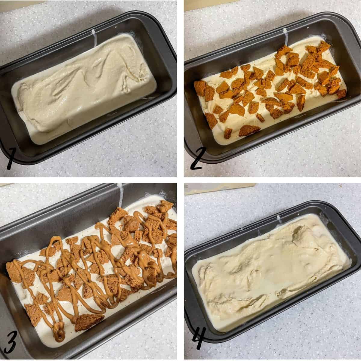 A poster of 4 images showing how to layer Biscoff ice cream