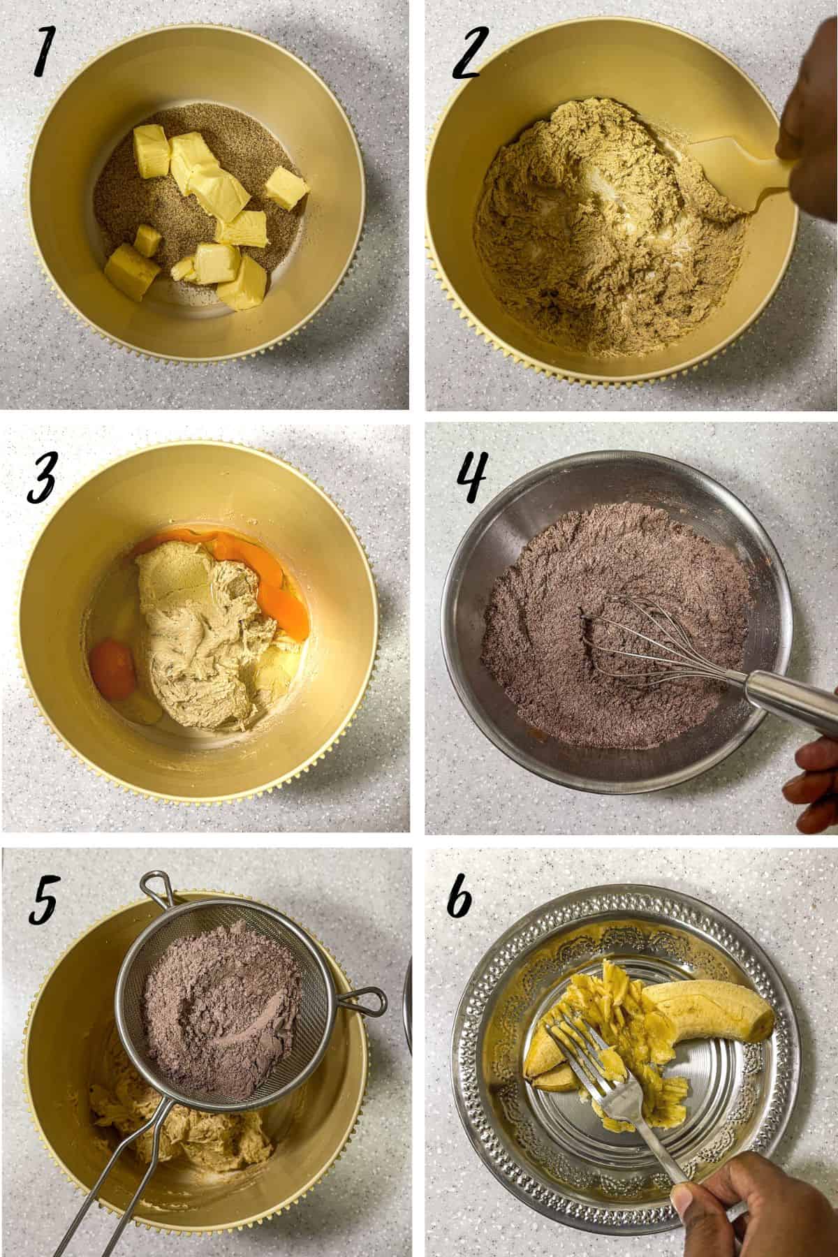 A poster of 6 images showing how to mix chocolate banana cake batter.