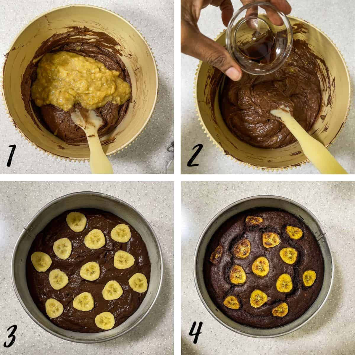 A poster of 4 images showing how to add mashed bananas into chocolate cake batter and banana slices on a chocolate cake.