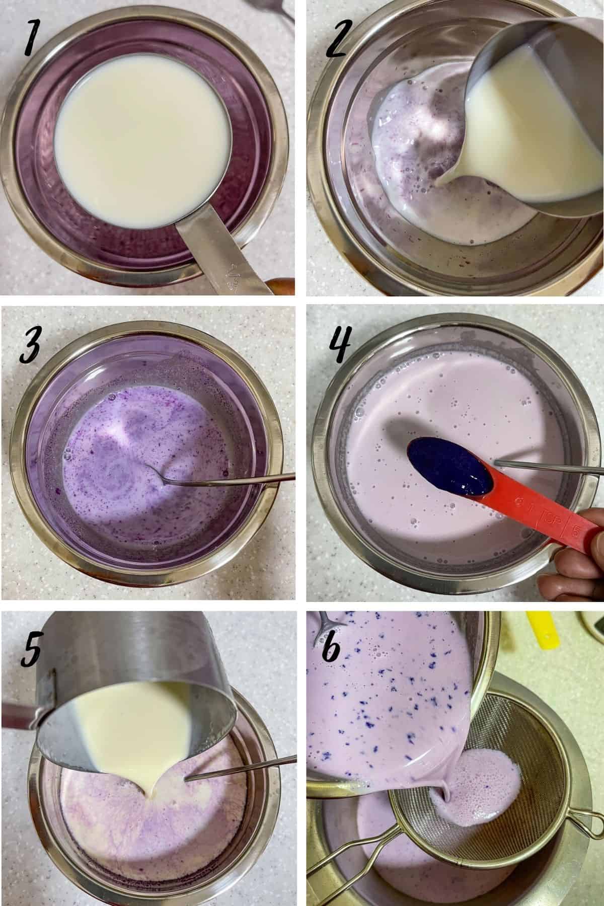 A poster of 4 images showing how to mix ube ice cream solution