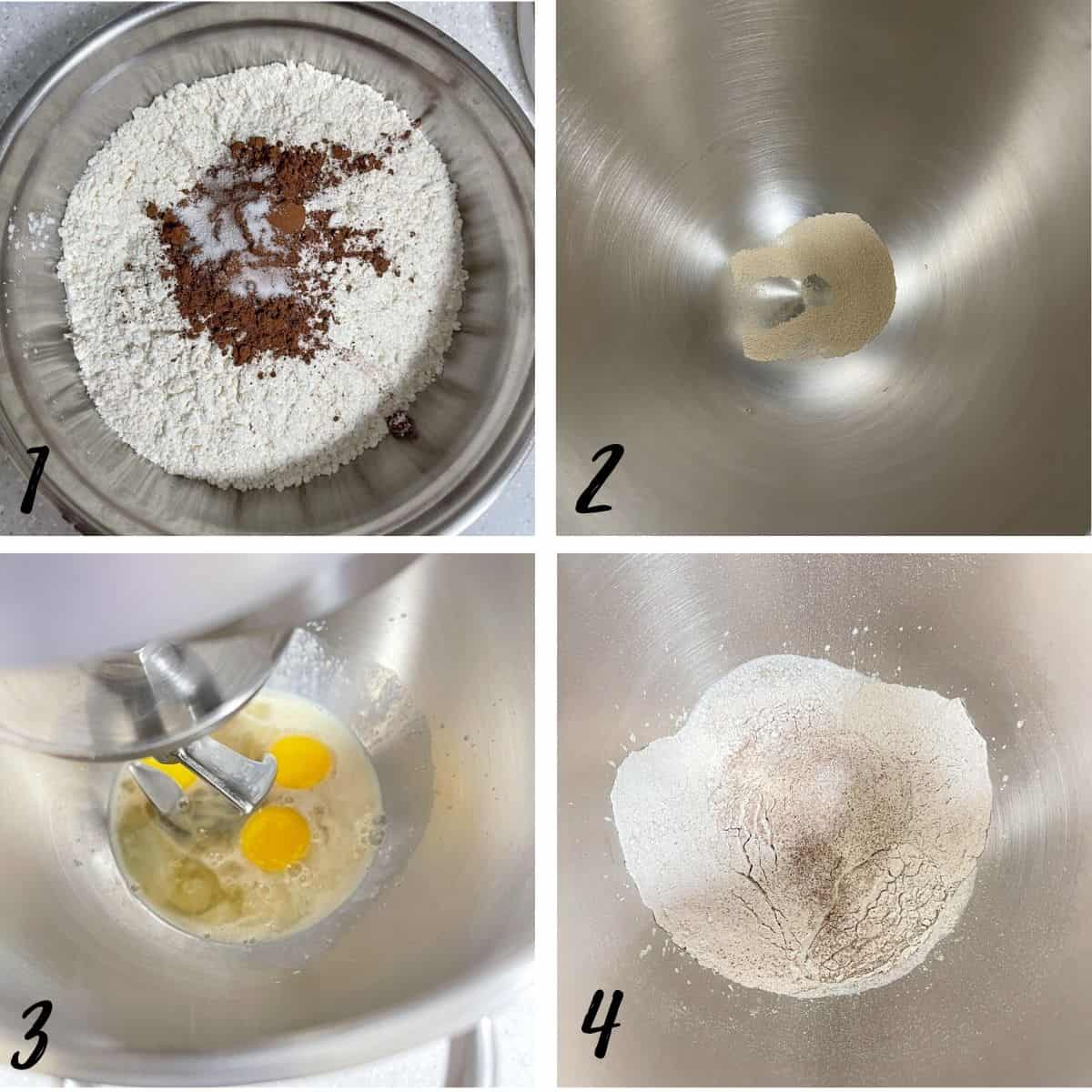 A poster of 4 images showing how to mix yeast, eggs, milk, sugar and flour to make bread.