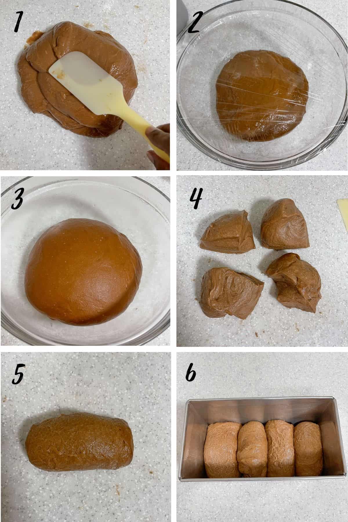 A poster of 6 images showing how to knead bread dough and place it in a loaf tin.