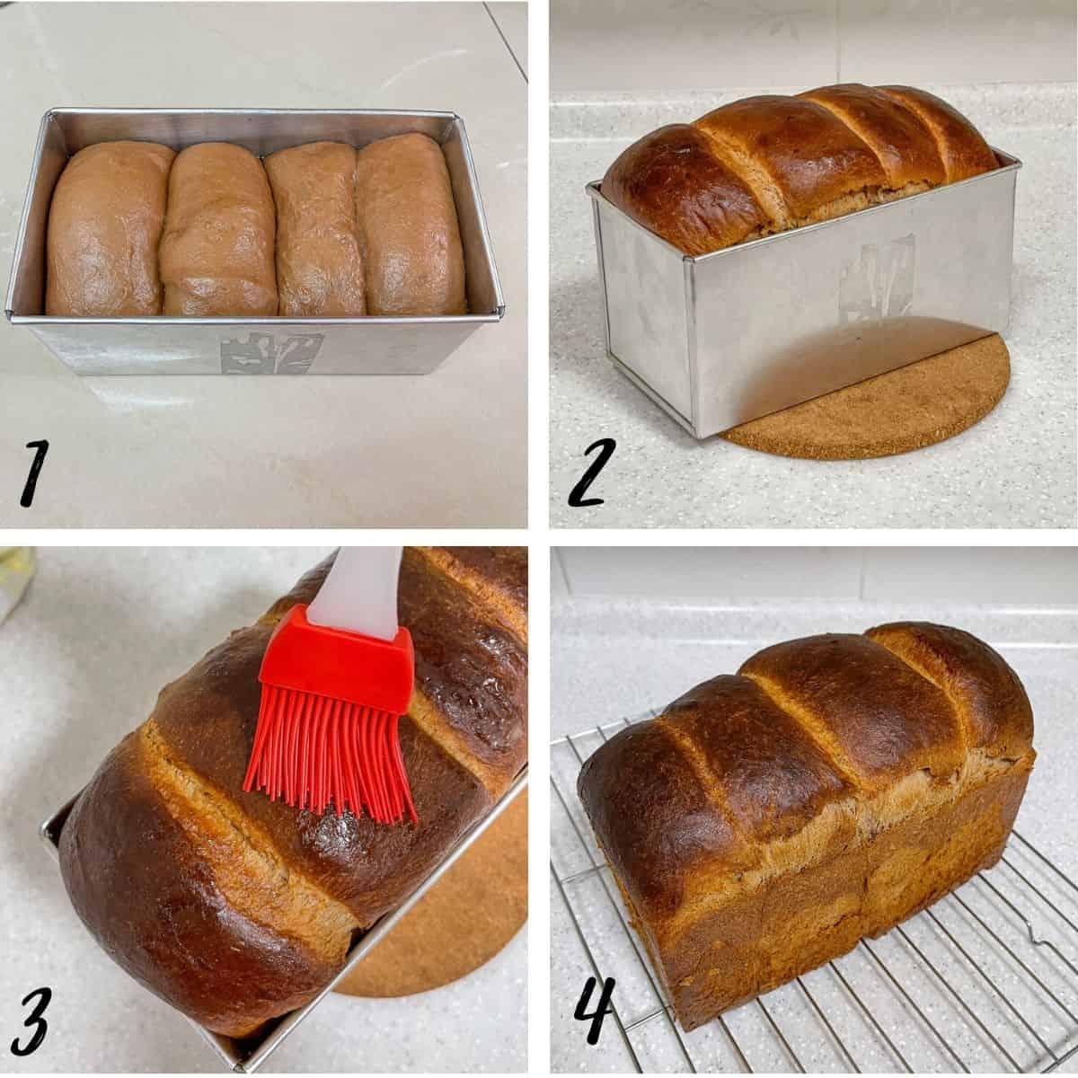 A poster of 4 images showing proofed chocolate brioche bread in a bread tin and a baked brioche loaf on a wire rack