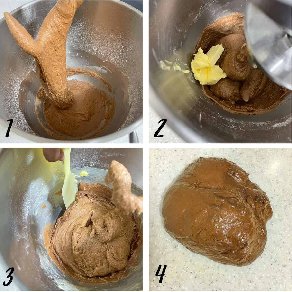 A poster of 6 images showing how to add butter into chocolate dough.