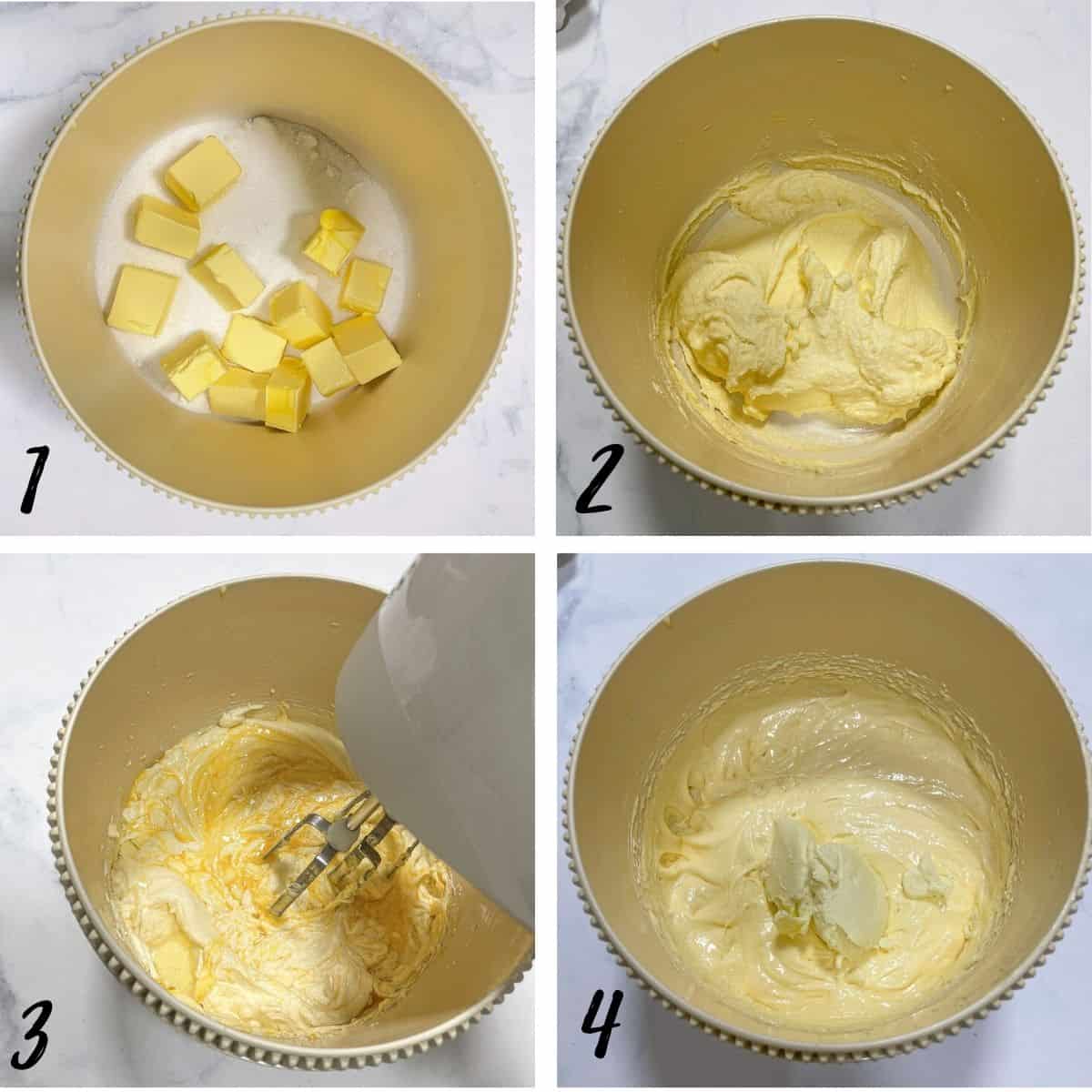 A poster of 4 images showing how to cream butter and sugar for sour cream lemon cake.