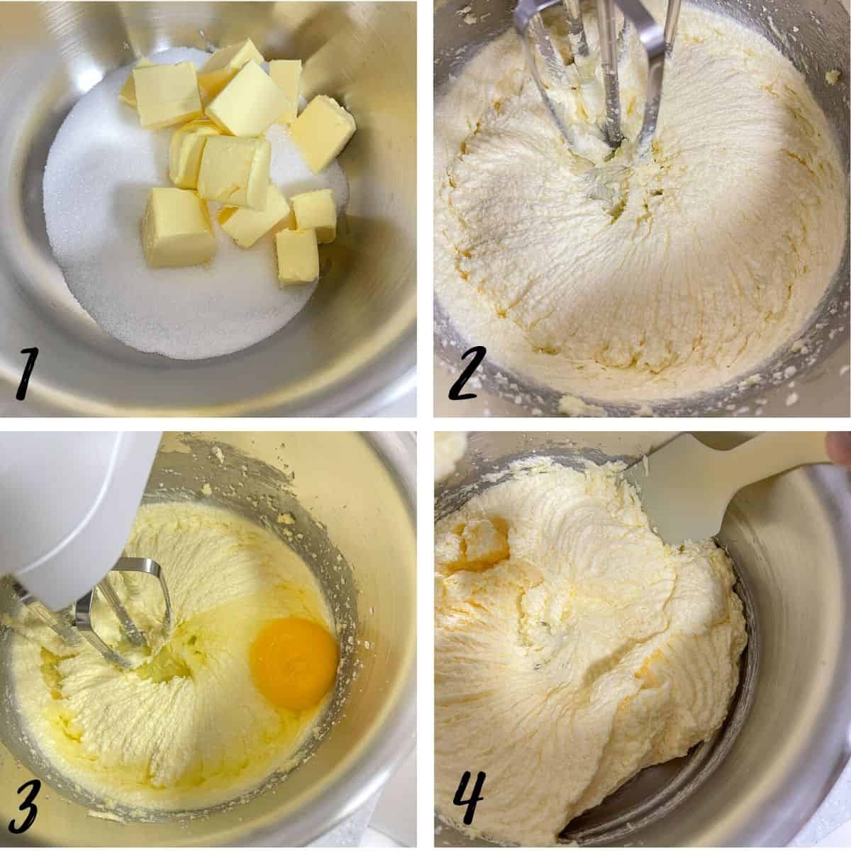 A poster of 4 images showing how to cream butter, sugar and eggs.