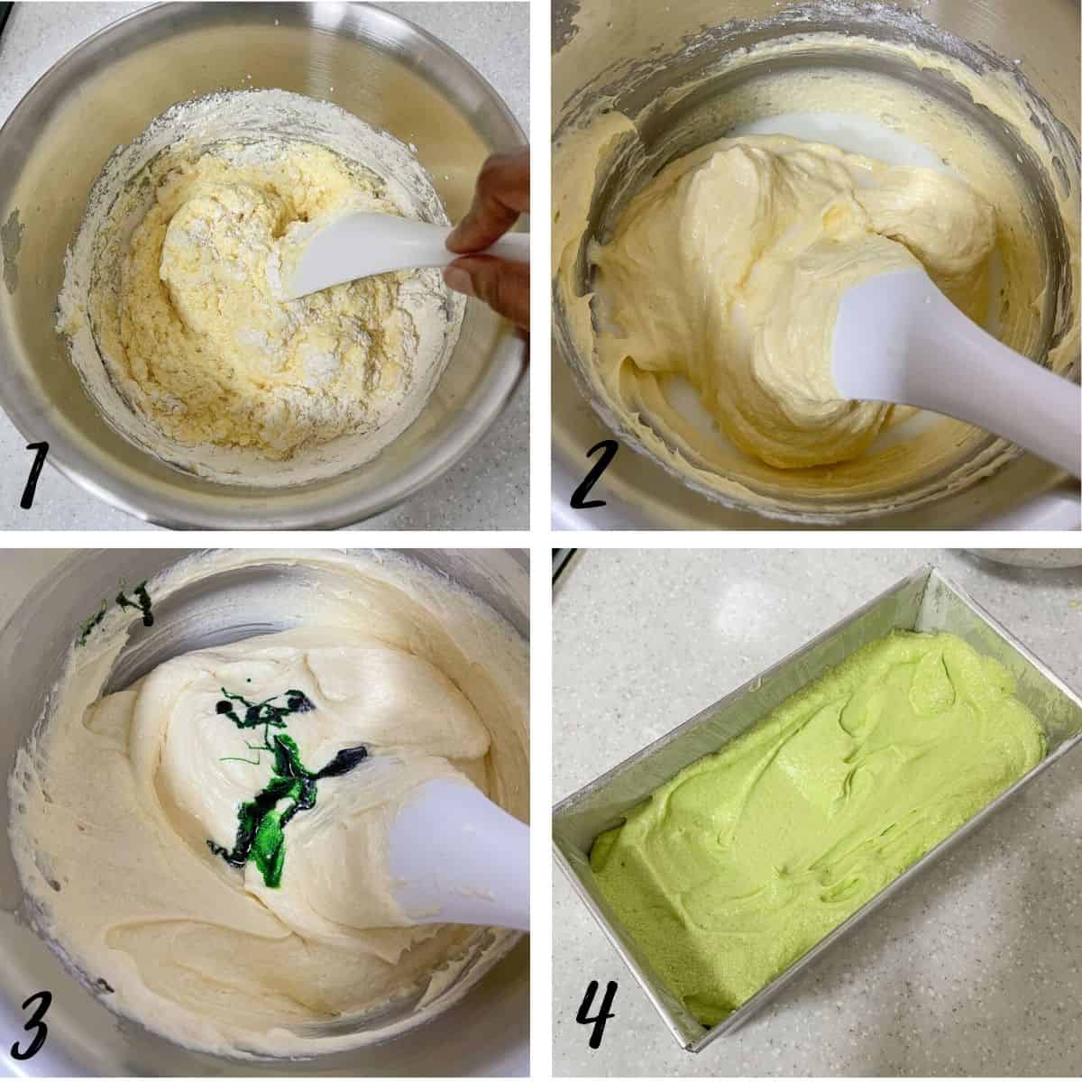 A poster of 4 images showing how to fold flour and milk into a cake batter and how to add pandan extract to it.