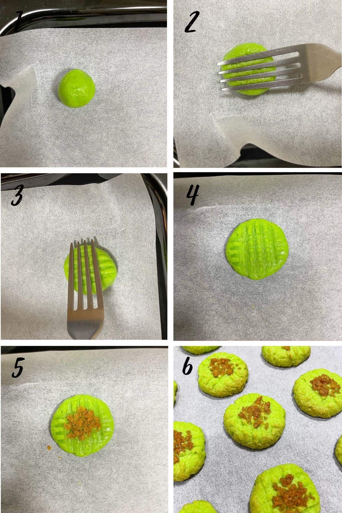A poster of 6 images showing how to shape and decorate pandan cookies with a fork