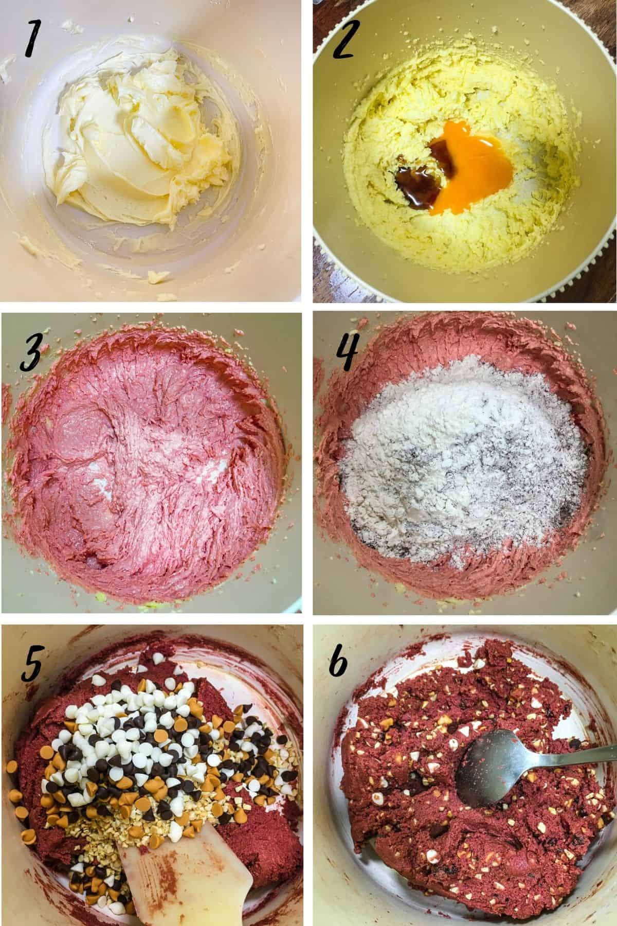 A poster of 6 images showing how to make red velvet cookies