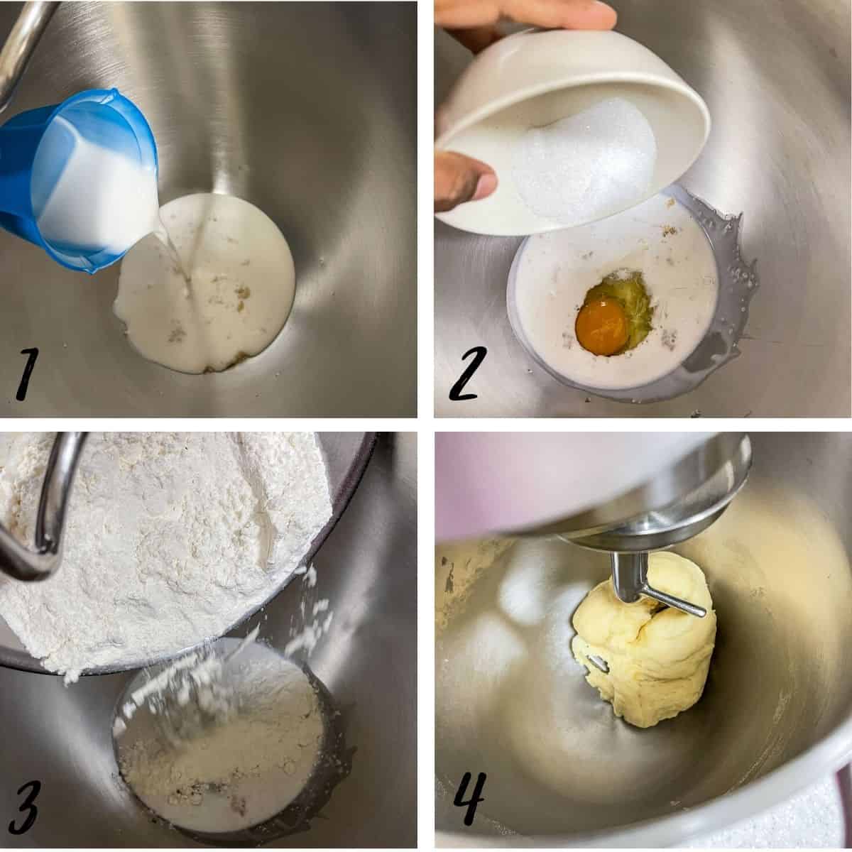 A poster of 4 images showing how to mix bread dough.