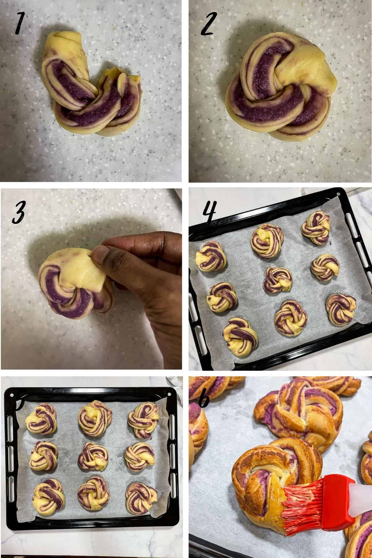 A poster of 6 images showing how to prood ube rolls