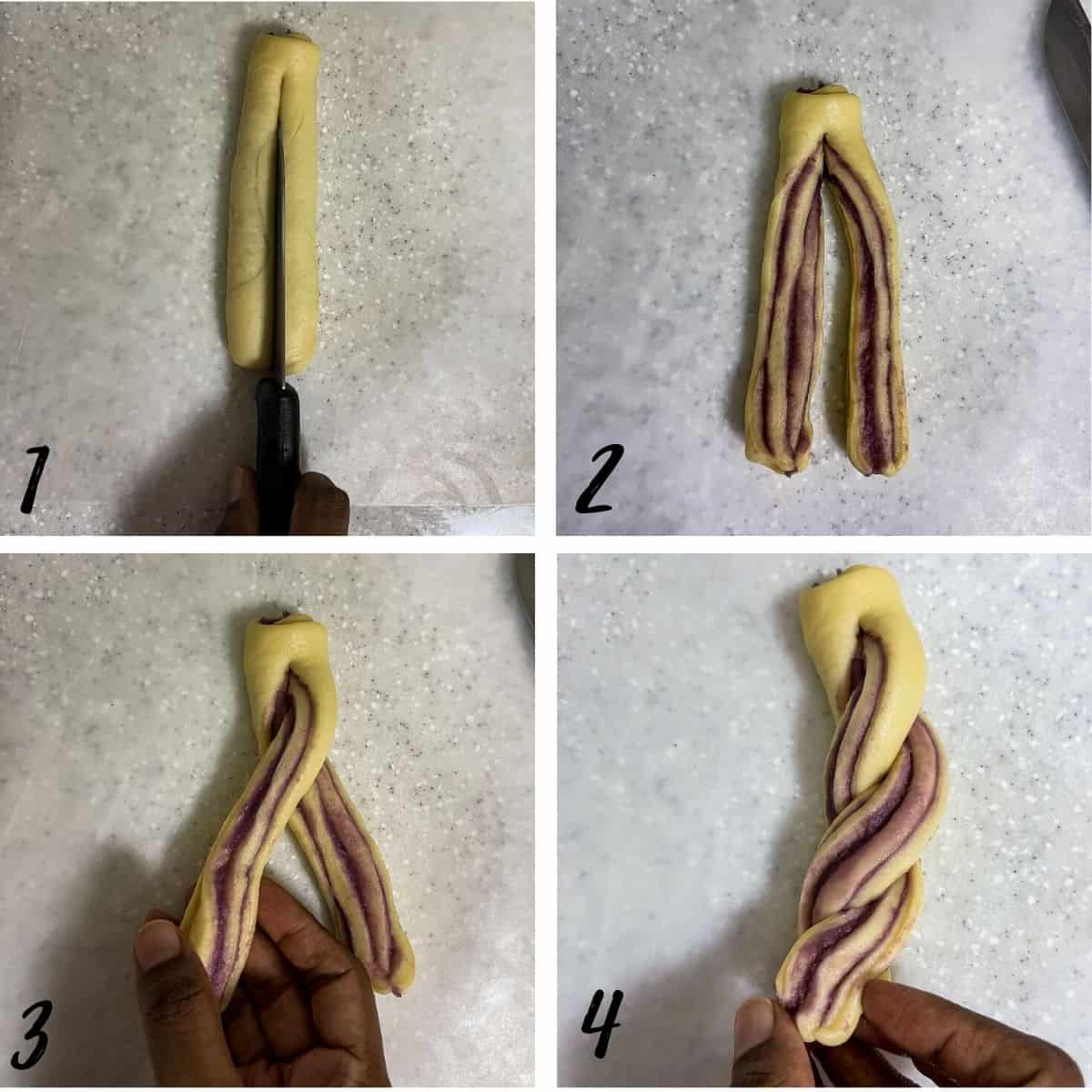 A poster of 4 images showing how to make twisted buns.