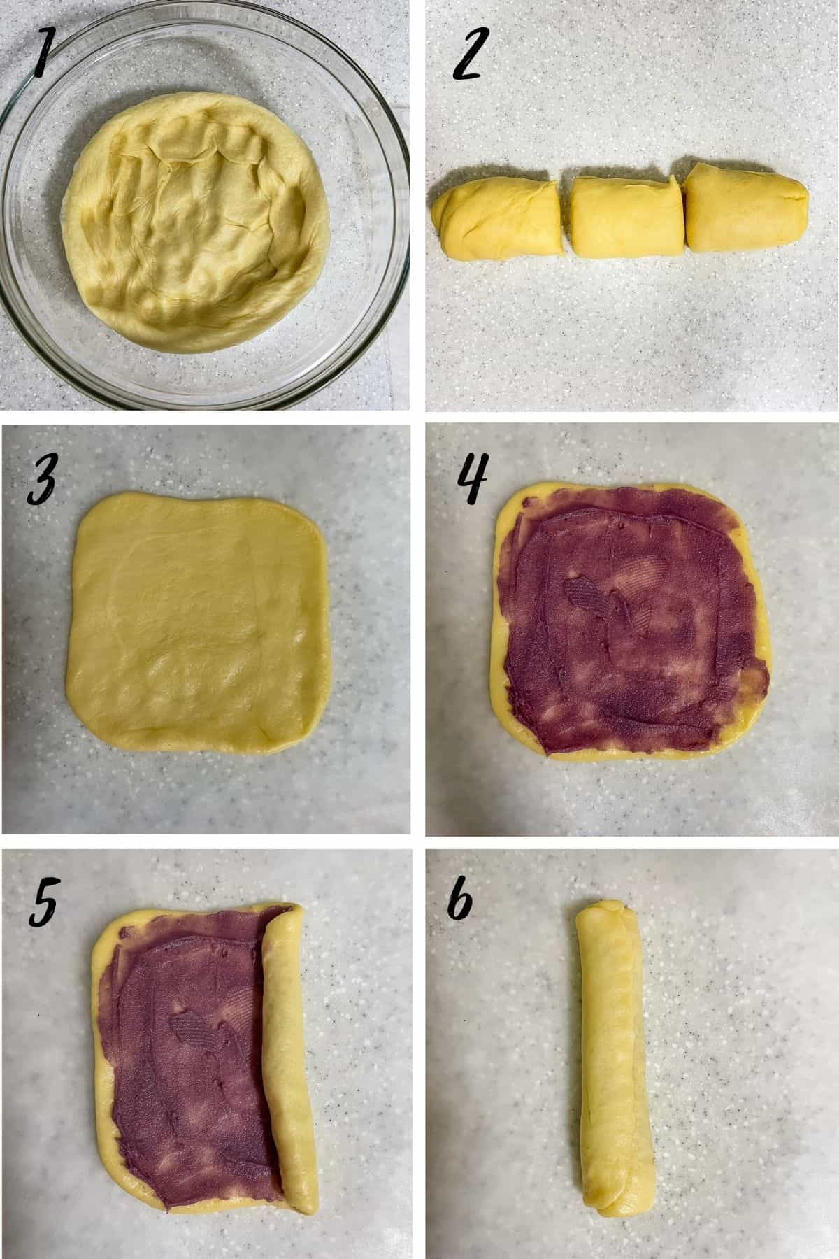 A poster of 6 images showing how to spread ube jam and roll the bread dough